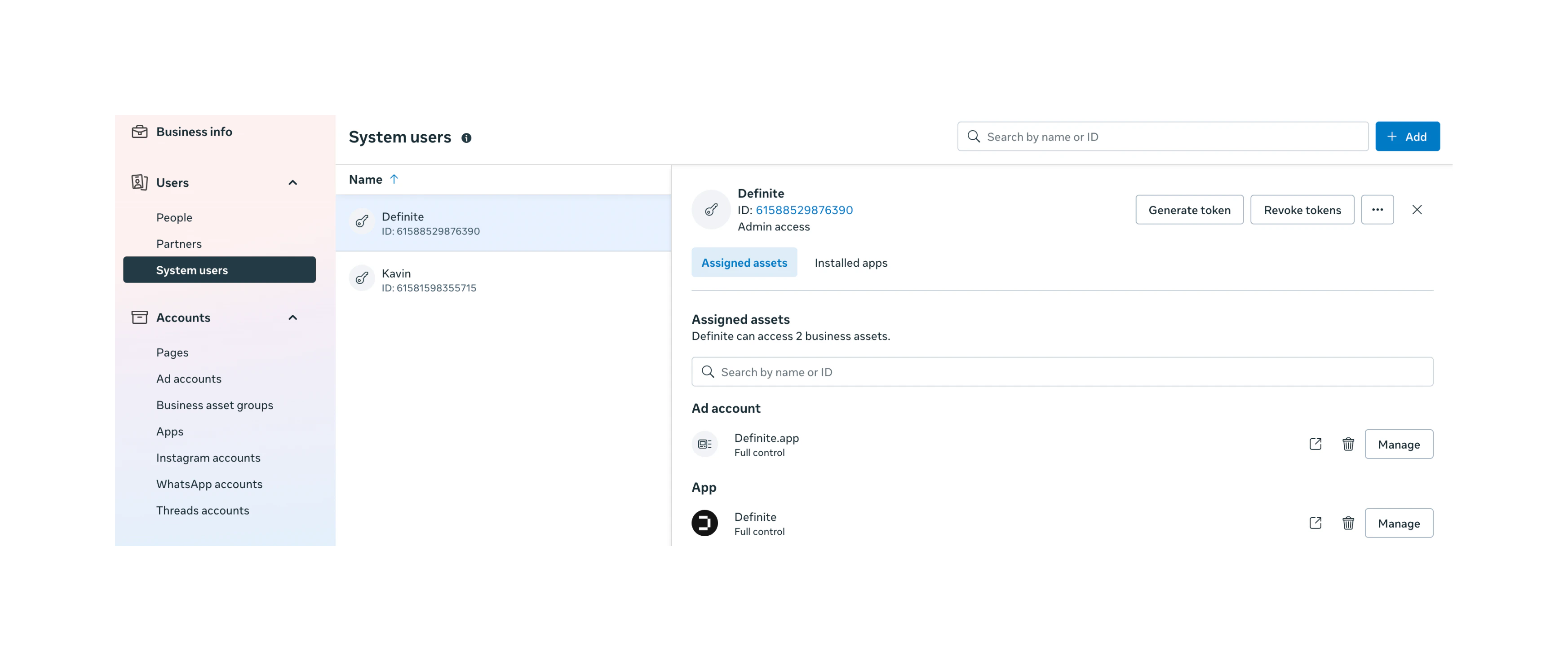 System User with assigned assets in Meta Business Settings
