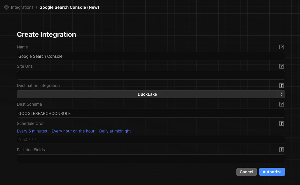 Google Search Console integration form