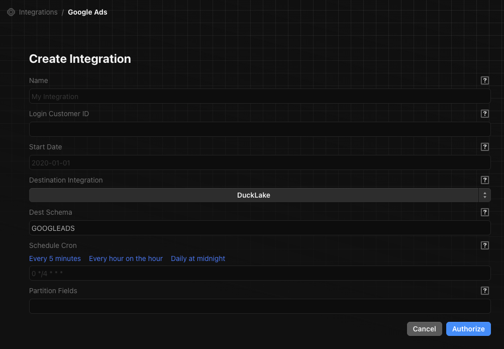 Google Ads integration form