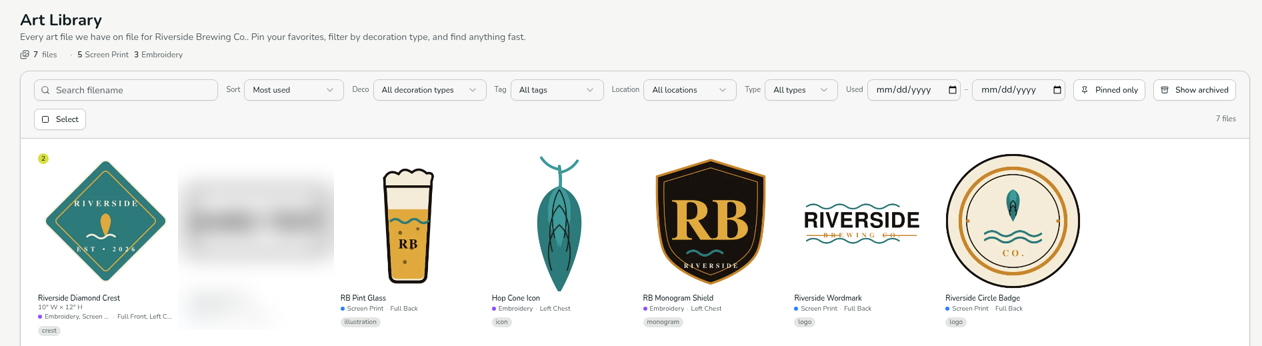 The Art Library page with search, sort, and filter controls above a grid of artwork tiles, each showing its name, decoration type, and location.
