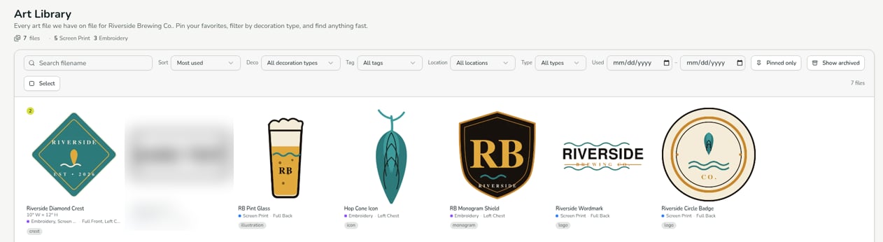 The Art Library page with search, sort, and filter controls above a grid of artwork tiles, each showing its name, decoration type, and location.