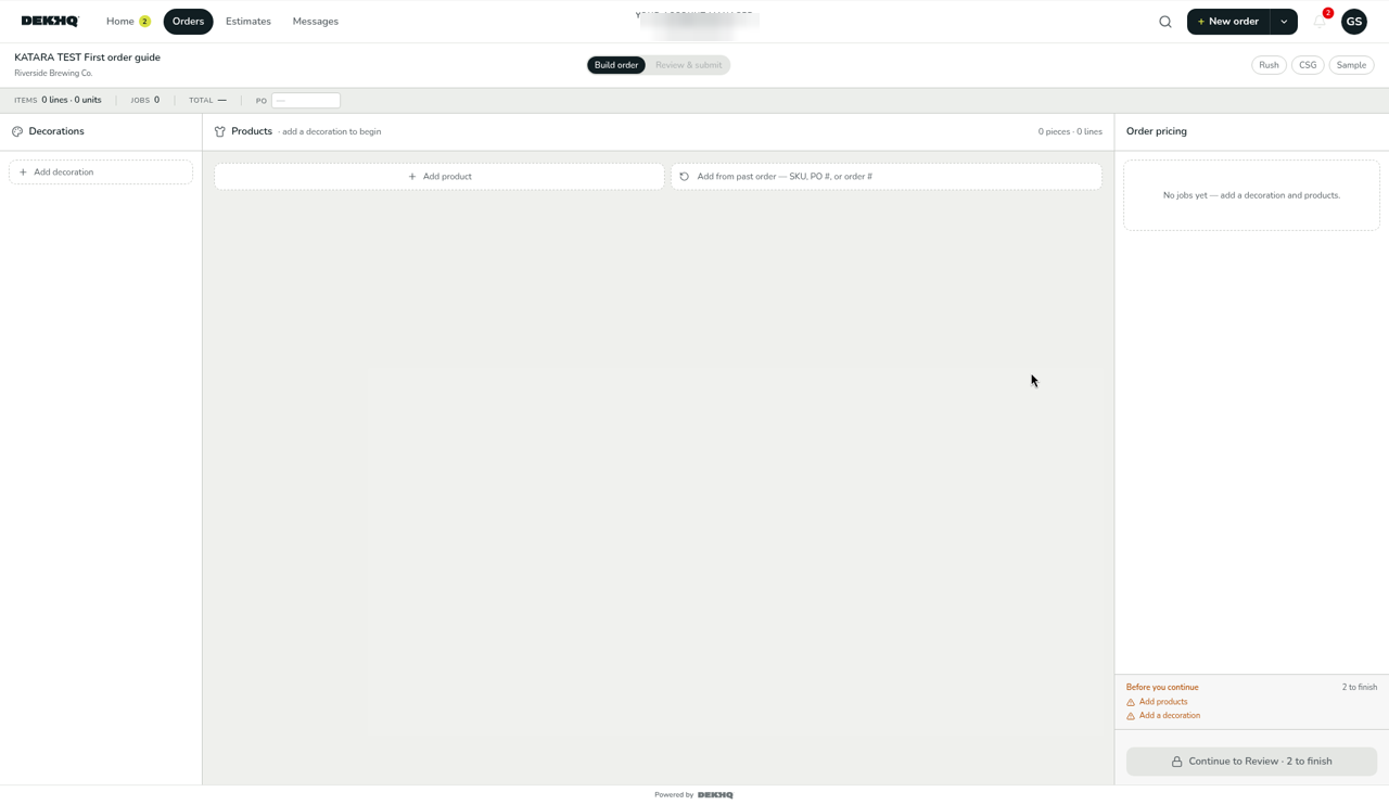 A new, named order in the builder, with Decorations on the left, Products in the middle, and Order pricing on the right.