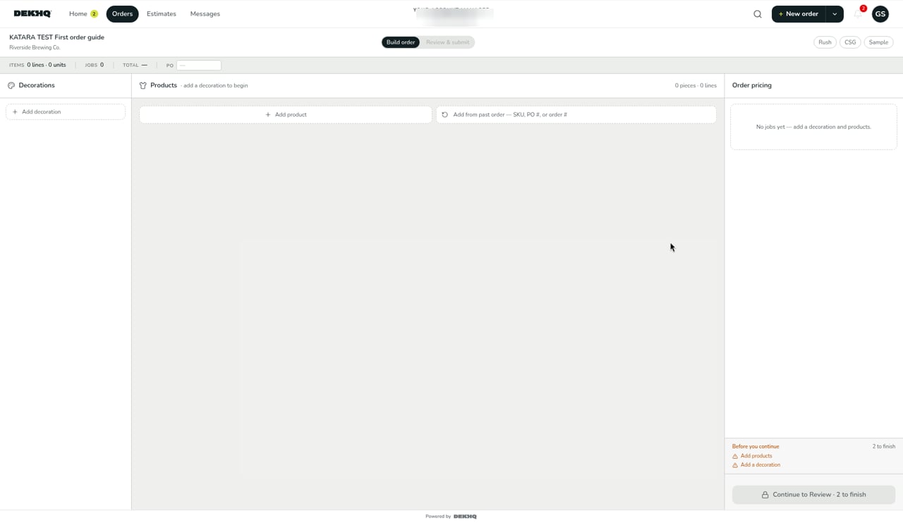 A new, named order in the builder, with Decorations on the left, Products in the middle, and Order pricing on the right.