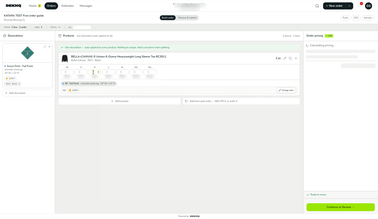 A product card in the builder with quantity boxes for sizes XS to 3XL, and the Continue to Review button enabled.