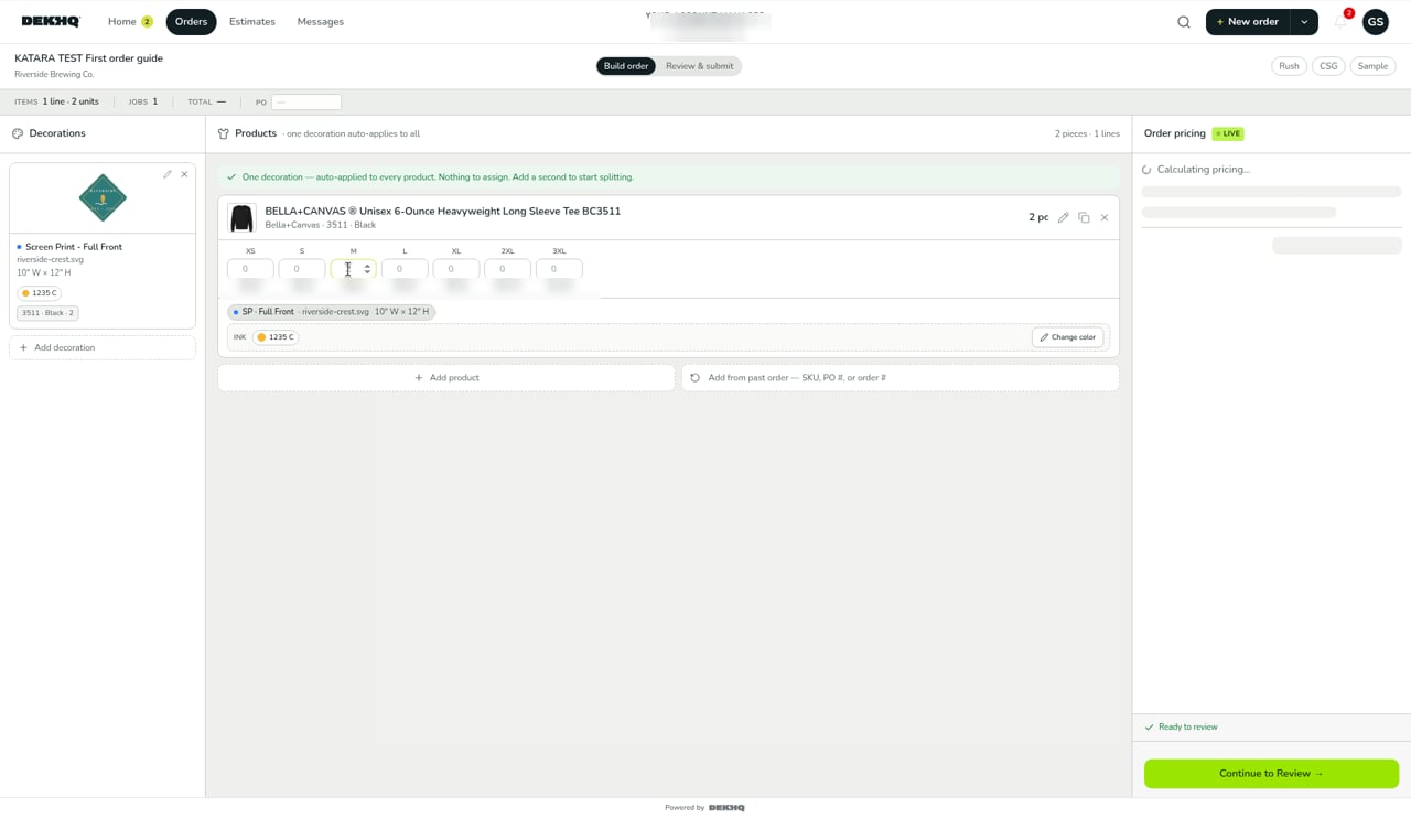 A product card in the builder with quantity boxes for sizes XS to 3XL, and the Continue to Review button enabled.