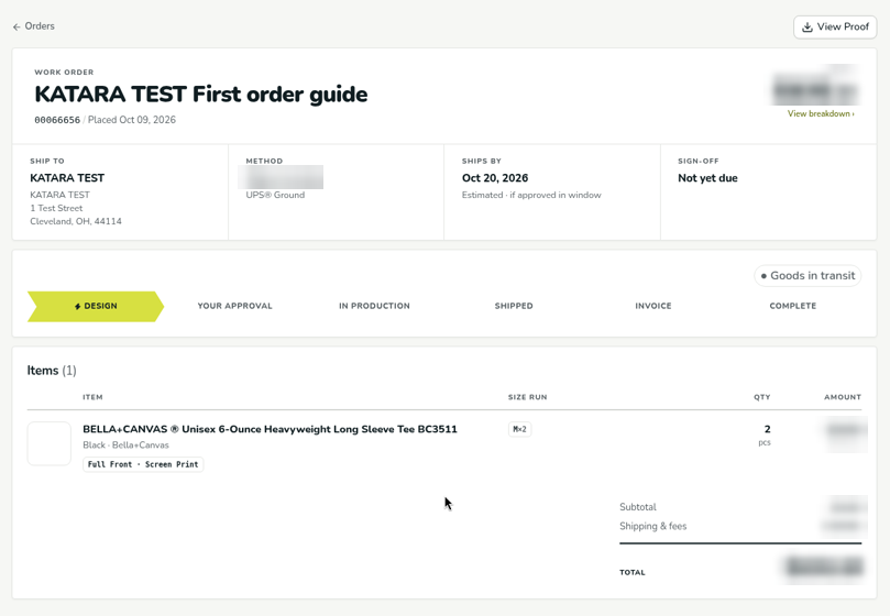 A newly placed order's page showing the order name and number, Ship to, Method, Ships by, and Sign-off tiles, and a timeline with Design as the current stage.