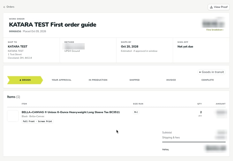An order's page showing the order name and number, Ship to, Method, Ships by, and Sign-off tiles, and a timeline with Design as the current stage.