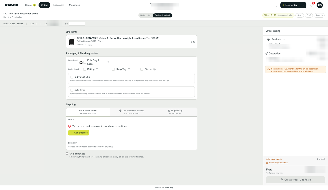 The Review & submit tab with Line items, Packaging & Finishing, Shipping options, and the Create order button showing 1 to finish.