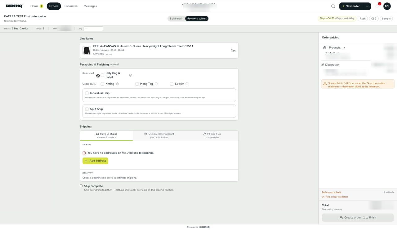 The Review & submit tab with Line items, Packaging & Finishing, Shipping options, and the Create order button showing 1 to finish.