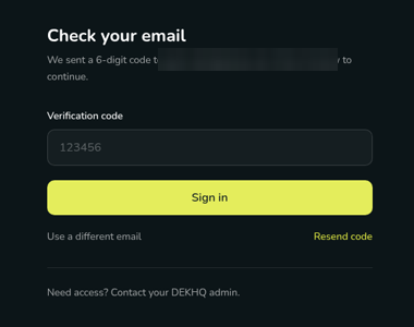 The Check your email screen with a Verification code field, a Sign in button, and Use a different email and Resend code links.