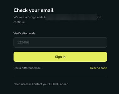 The Check your email screen with a Verification code field, a Sign in button, and Use a different email and Resend code links.