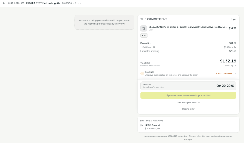 The sign-off page for an order whose artwork is still being prepared, with The Commitment summary, a Mockups row showing 0 of 1 approved, the Ships by date, and a disabled Approve order button.