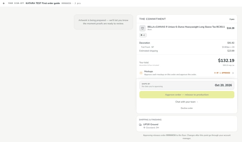 The sign-off page for an order whose artwork is still being prepared, with The Commitment summary, a Mockups row showing 0 of 1 approved, the Ships by date, and a disabled Approve order button.