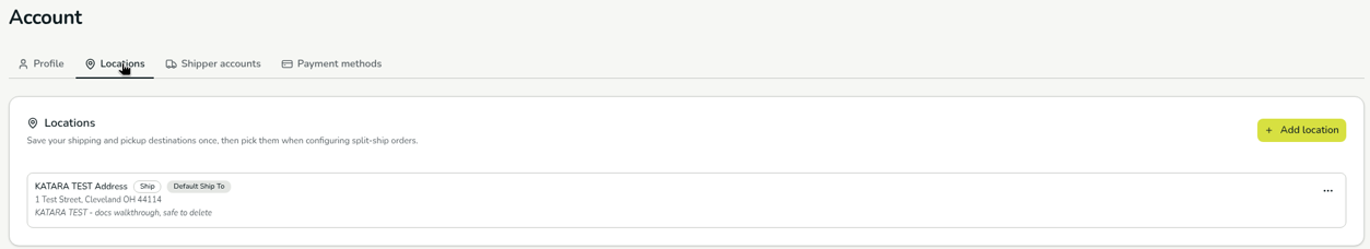 The Locations tab with an Add location button and one saved address tagged Ship and Default Ship To.