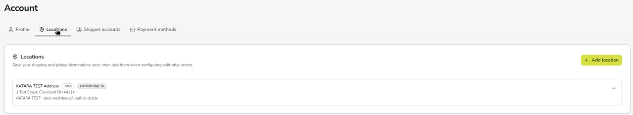 The Locations tab with an Add location button and one saved address tagged Ship and Default Ship To.