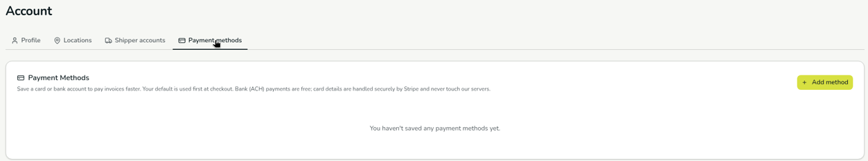 The Payment methods tab with an Add method button and no saved methods yet.