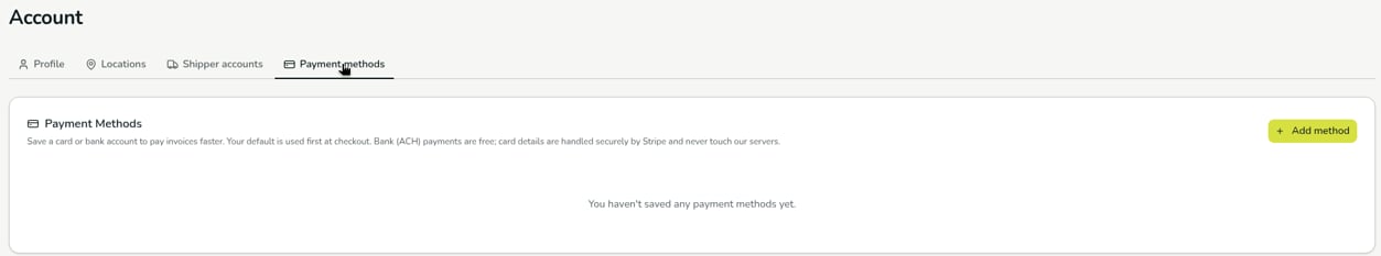 The Payment methods tab with an Add method button and no saved methods yet.