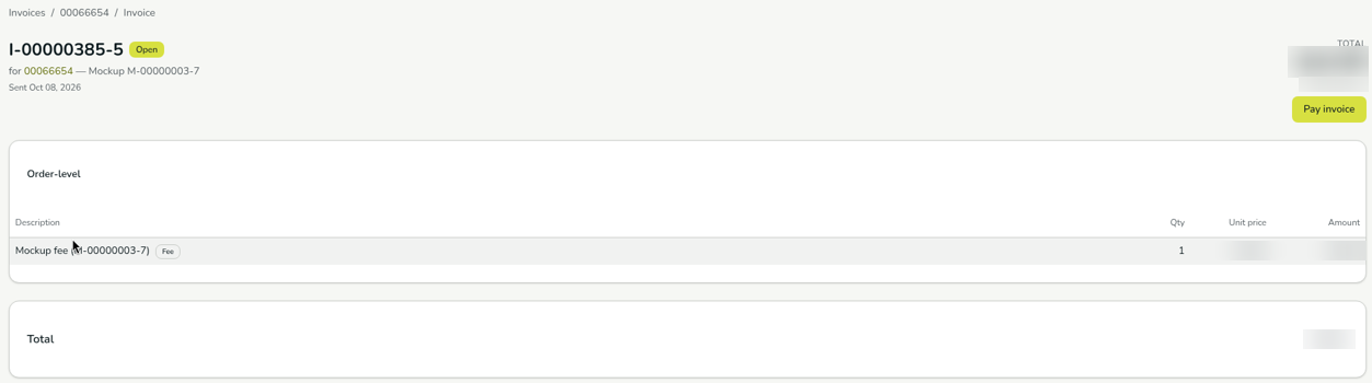 An open invoice with its invoice number, an Open status, the order it's for, the sent date, the total and balance, a Pay invoice button, and a table of charges.