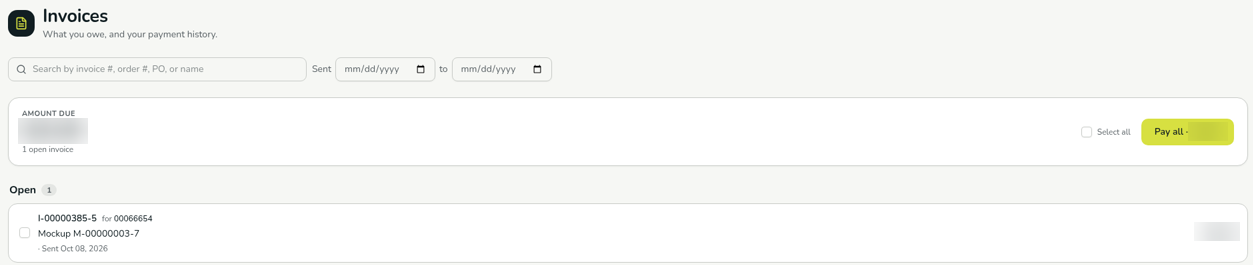 The Invoices page with a search box, a Sent date range, an Amount due card with Select all and Pay all, and an Open section listing one invoice.