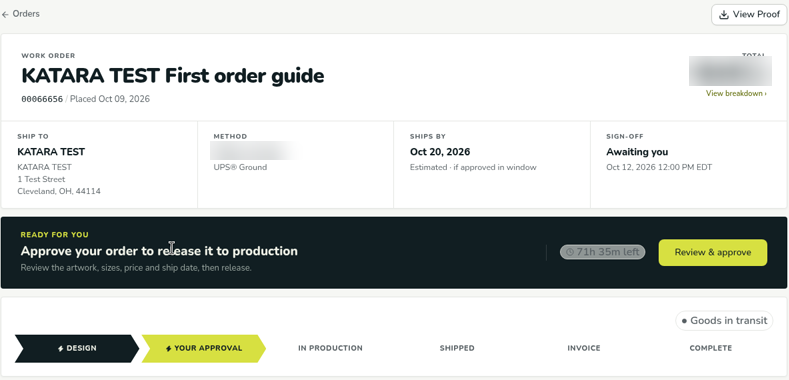 An order's page with Sign-off showing Awaiting you and a deadline, a Ready for you banner with a countdown and a Review & approve button, and the timeline at Your Approval.