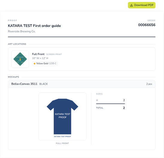 A printable proof with the order name and number, the client name, an art location for Full Front Screen Print with size and ink color, and a mockup of the garment with quantities by size.