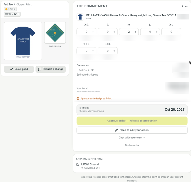 The sign-off page with a Full Front design card offering Looks good and Request a change, The Commitment with size quantities, a reminder to approve each design, the Ships by date, and a disabled Approve order button.