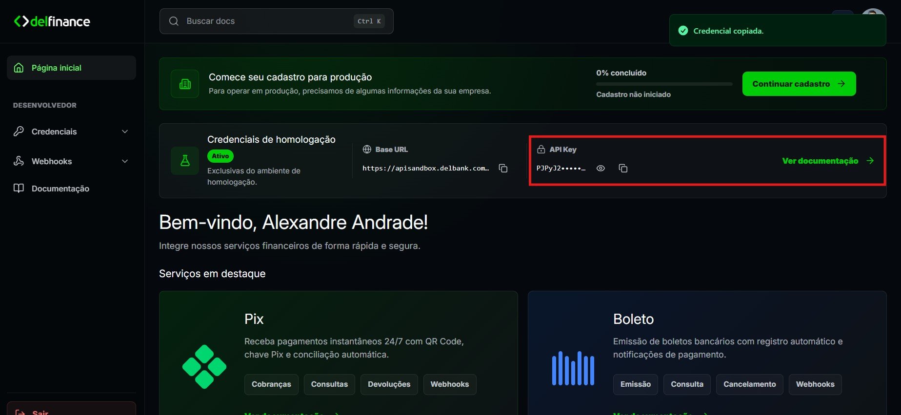Credencial de sandbox copiada