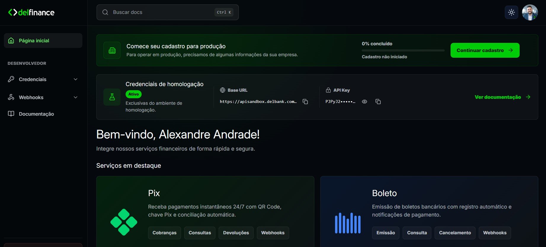Credencial de sandbox disponível na home