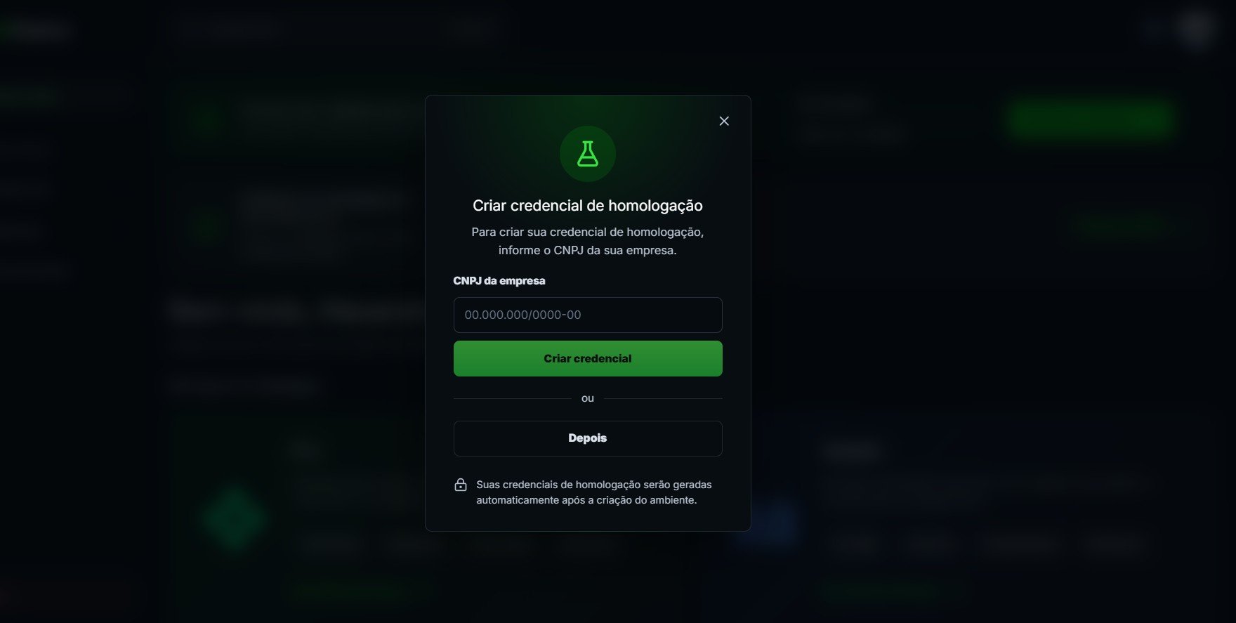 Solicitação de credencial de sandbox no portal