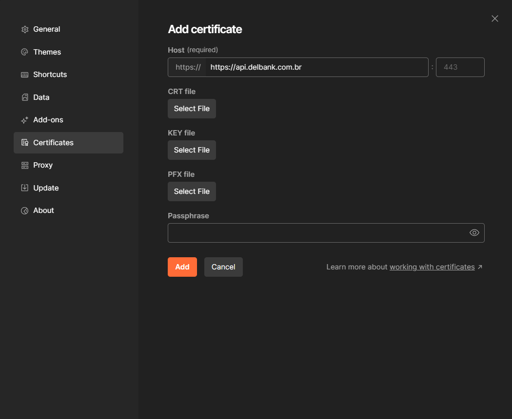 Formulário Add certificate do Postman com os campos Host, CRT file, KEY file, PFX file e Passphrase