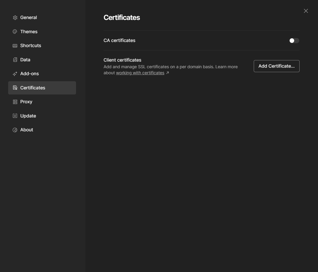 Aba Certificates das configurações do Postman com o botão Add Certificate