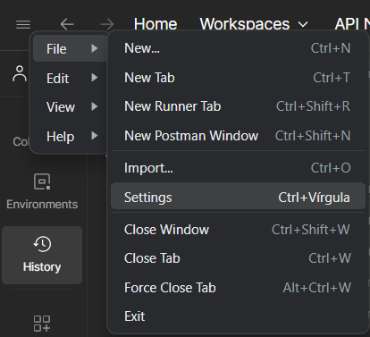 Menu File com a opção Settings destacada no Postman