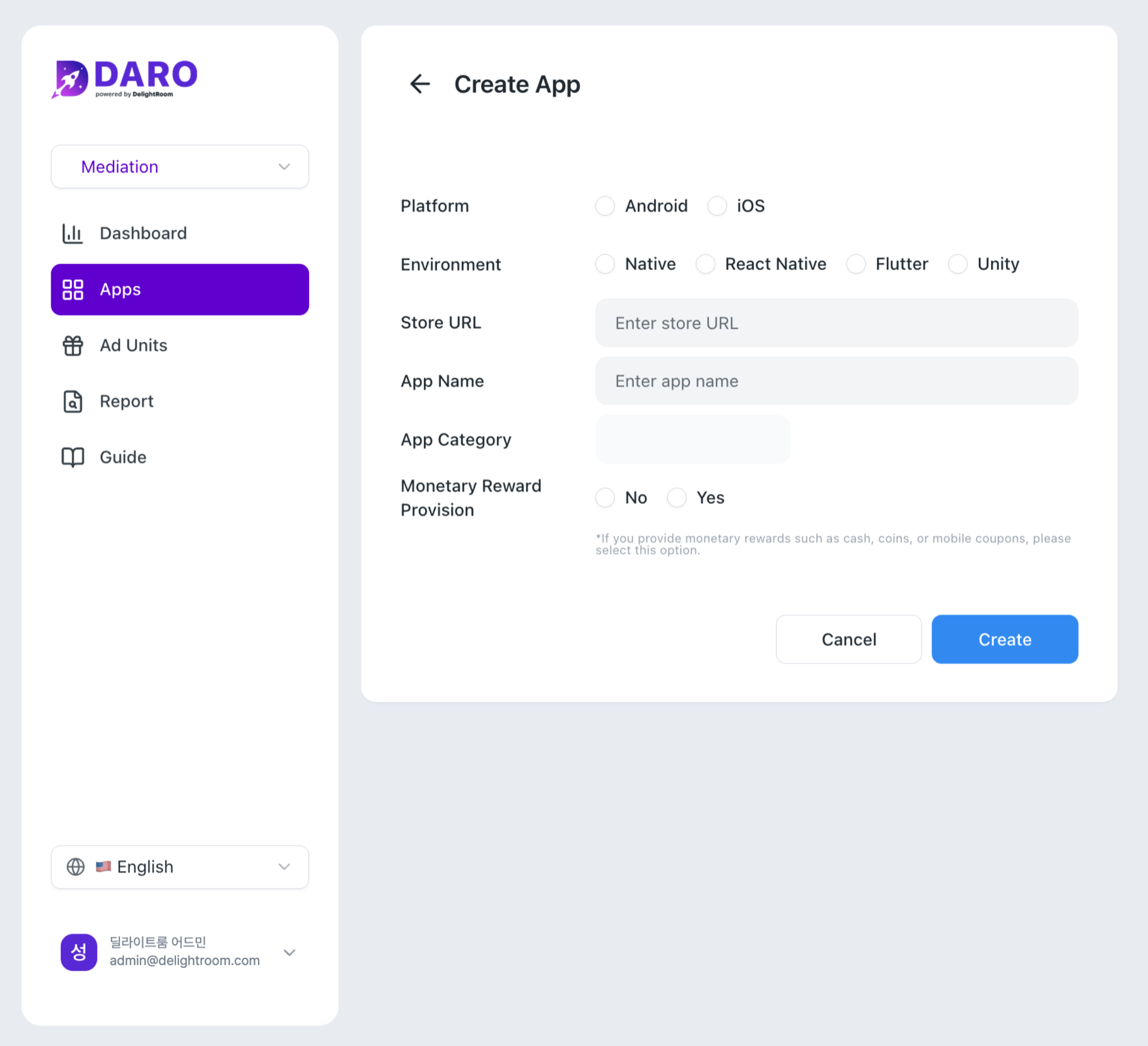Create App screen with the platform, environment, and store URL fields