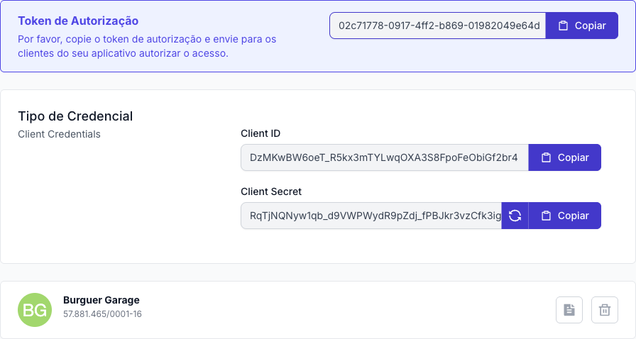 Tela do app com Client ID e Client Secret