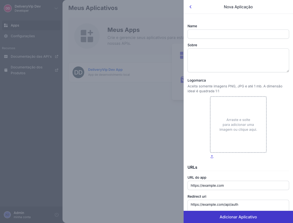 Formulário de criação de app com distribuição interativa