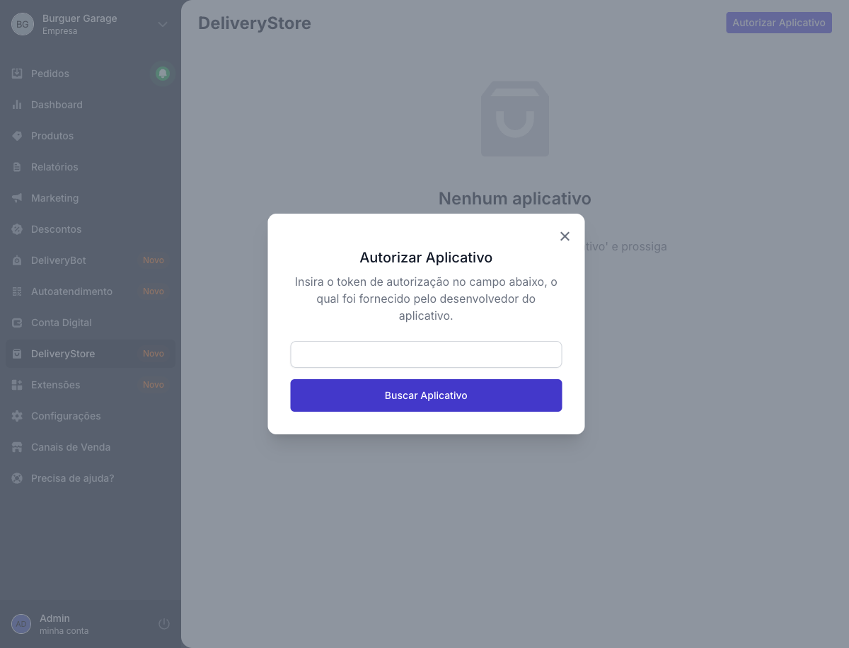 Campo para colar o token de autorização e botão Buscar Aplicativo