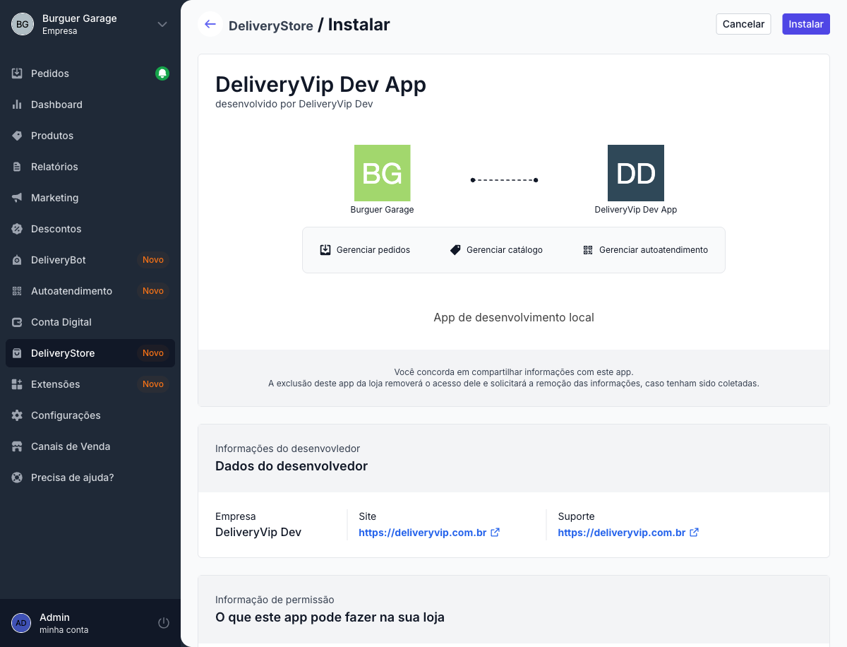 Detalhes do app com a lista de permissões e o botão Instalar