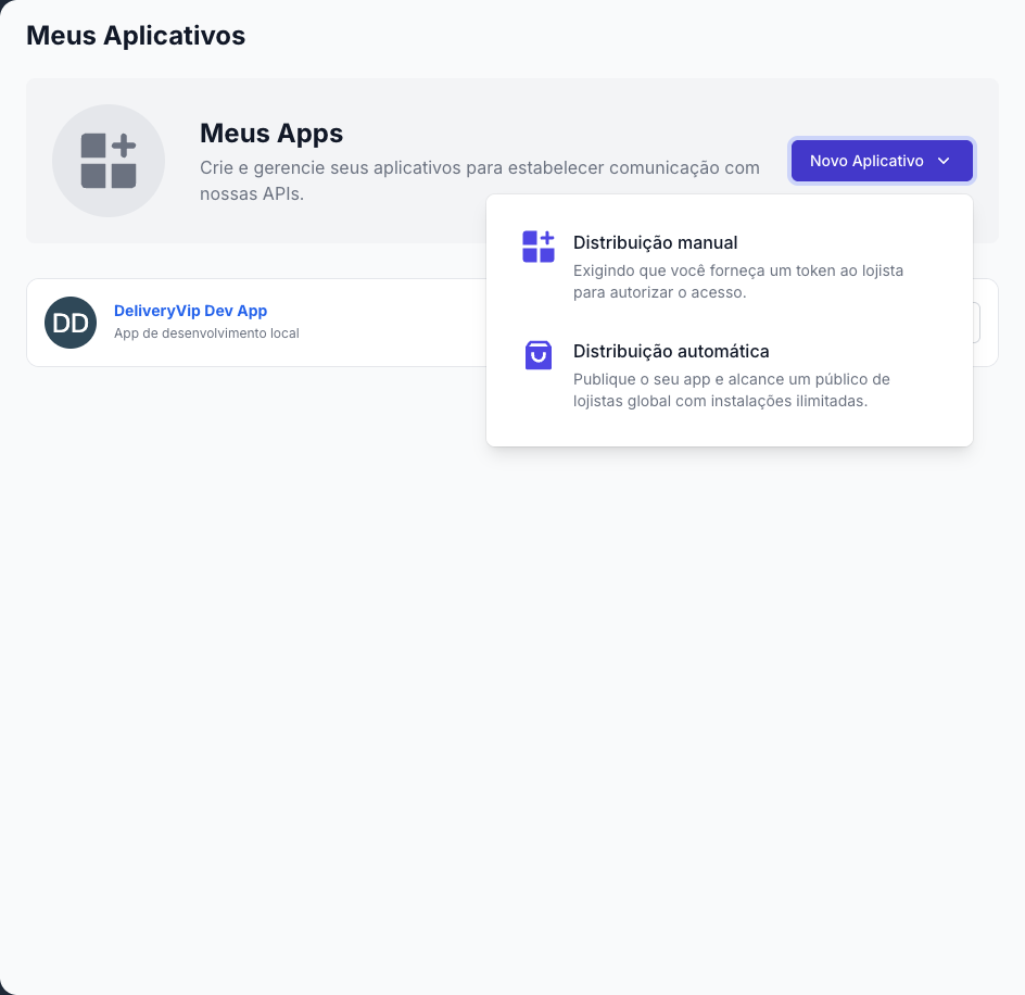Tela de novo aplicativo com as opções de distribuição direta e interativa