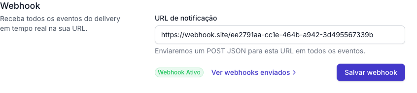 Seção Webhook do painel, com o campo URL de notificação preenchido