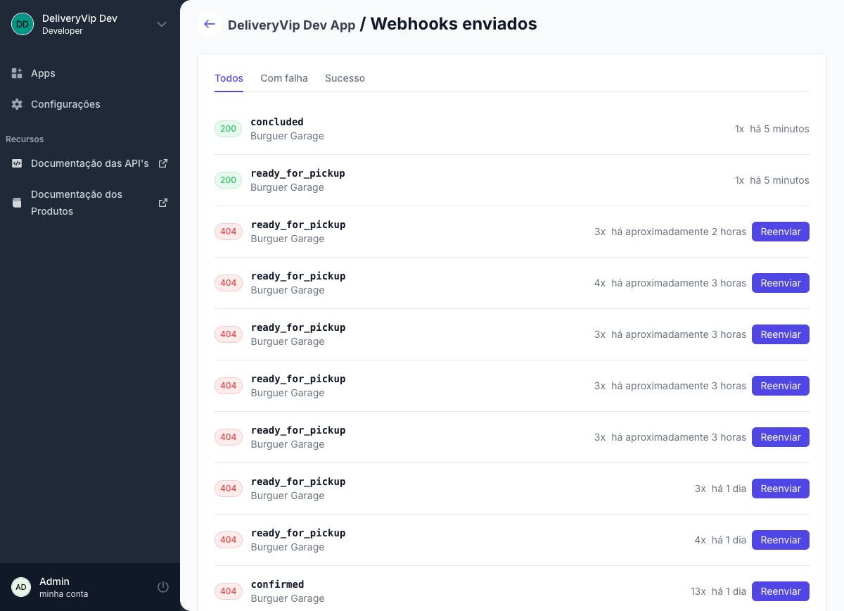Tela Webhooks enviados com histórico de entregas e botões de reenvio