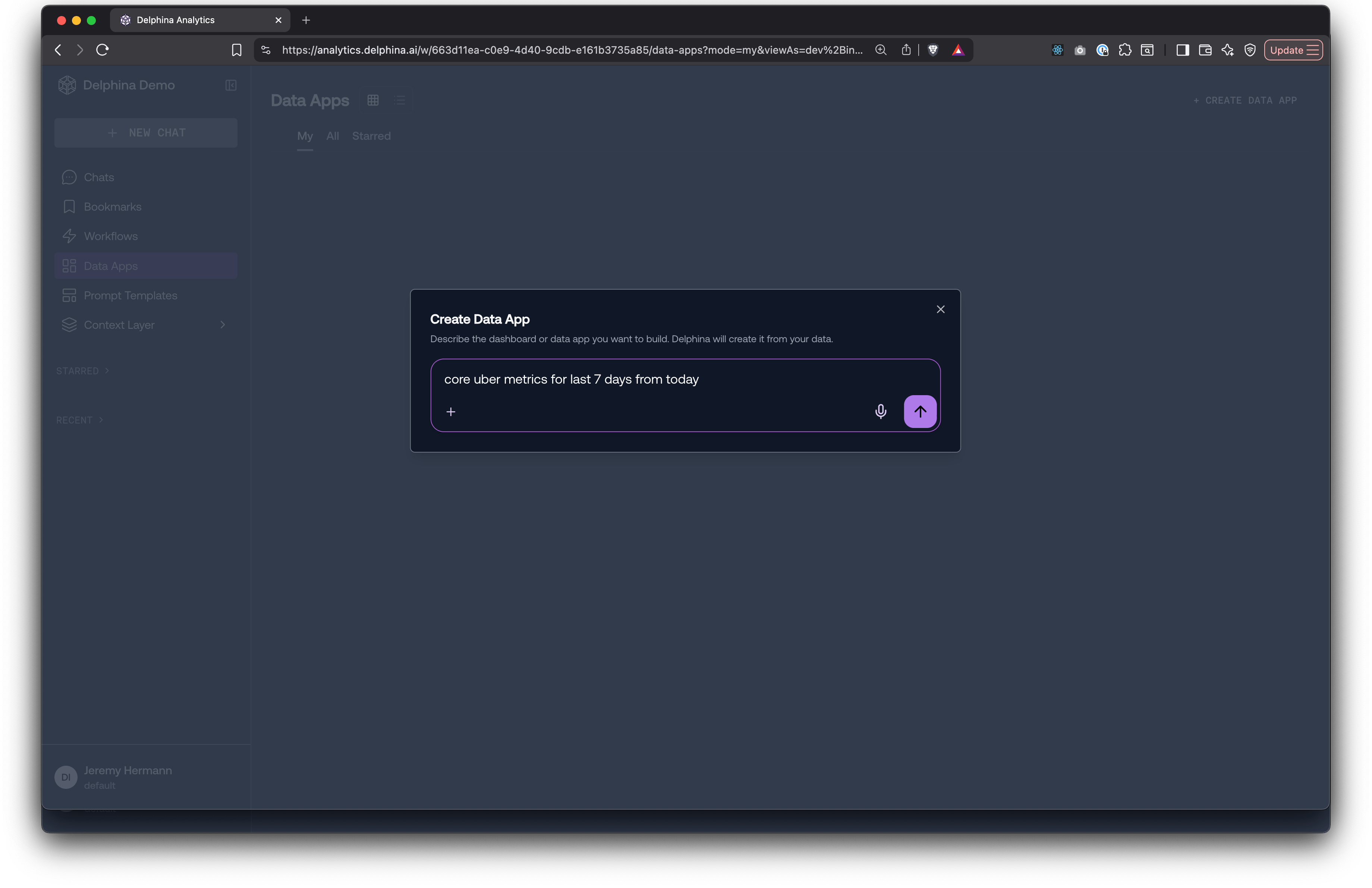 The Create Data App dialog where you describe the dashboard you want