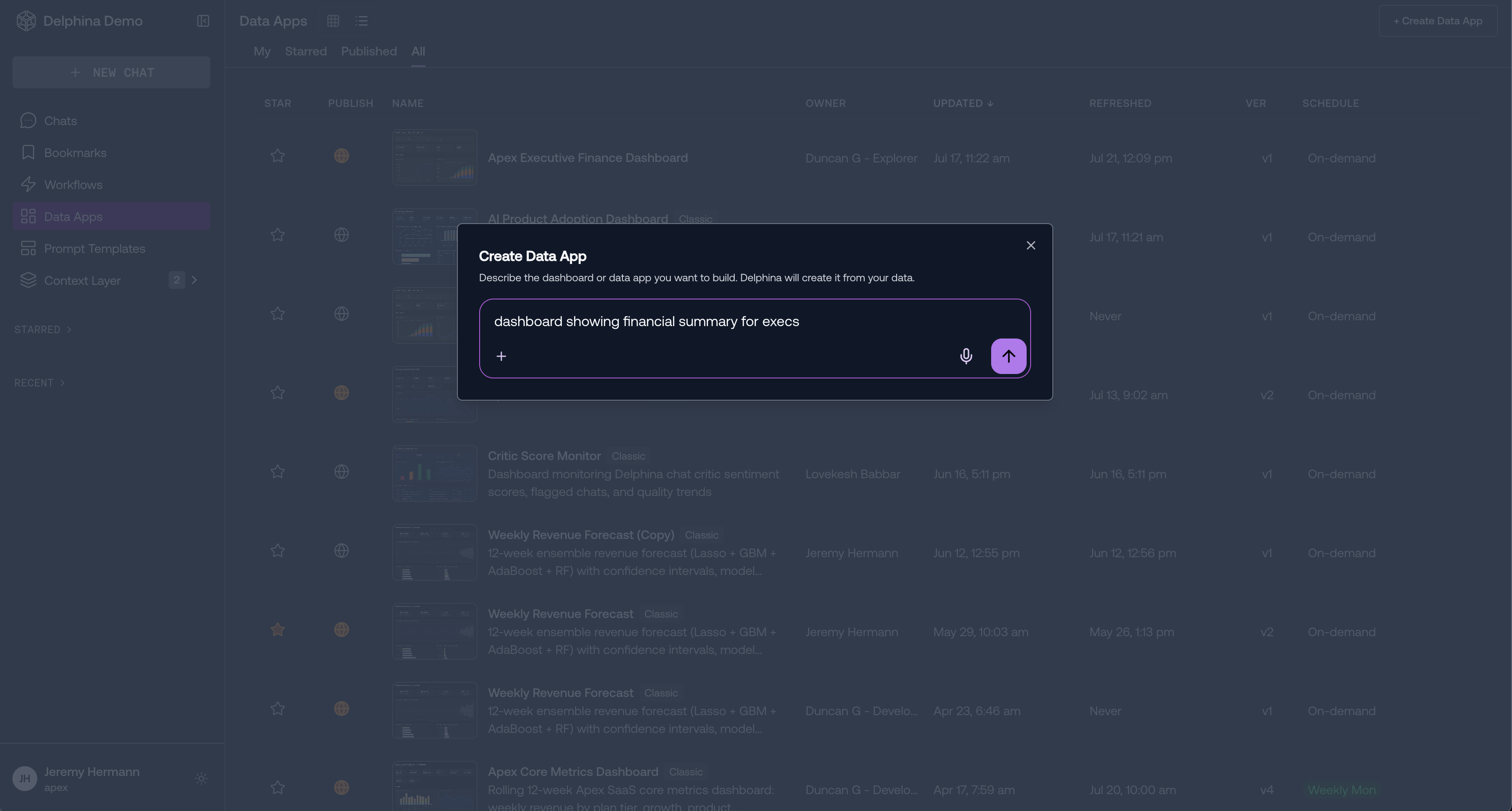 The Create Data App dialog on the Data Apps page