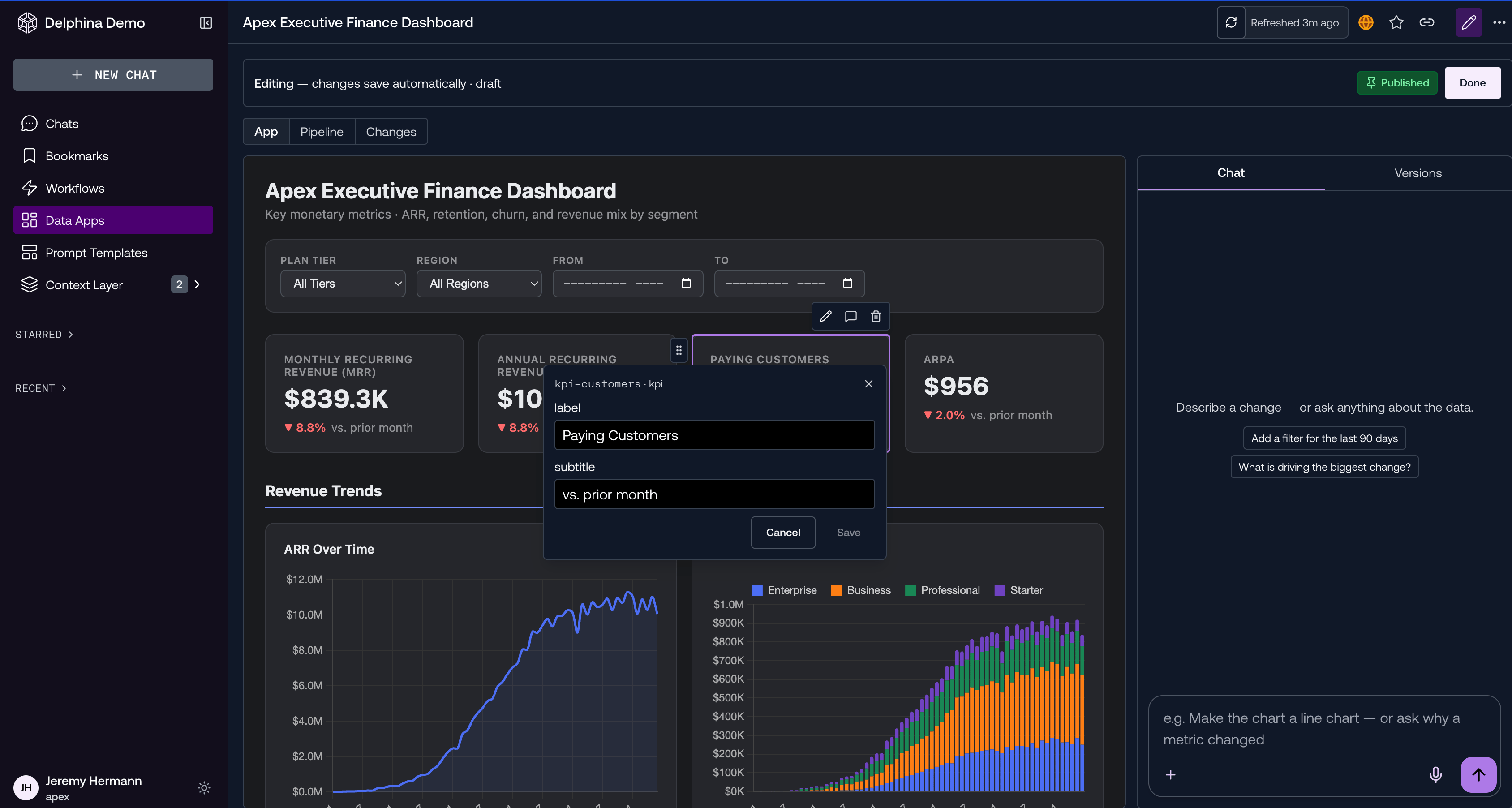 Editing a KPI component in place, with its props popover and the Chat / Versions rail