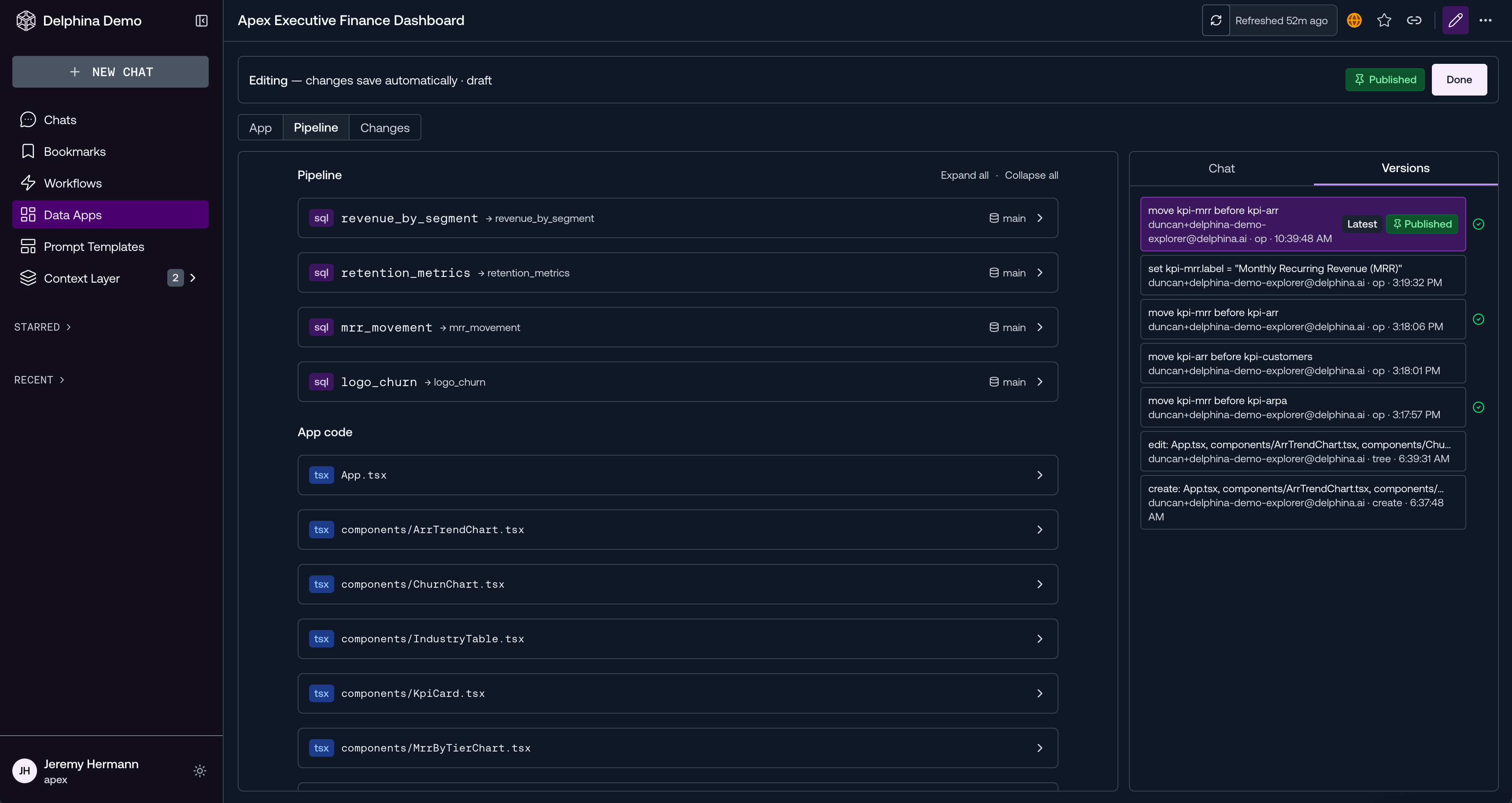 The Pipeline tab showing SQL data steps and the React app code (App.tsx plus per-component files under components/)