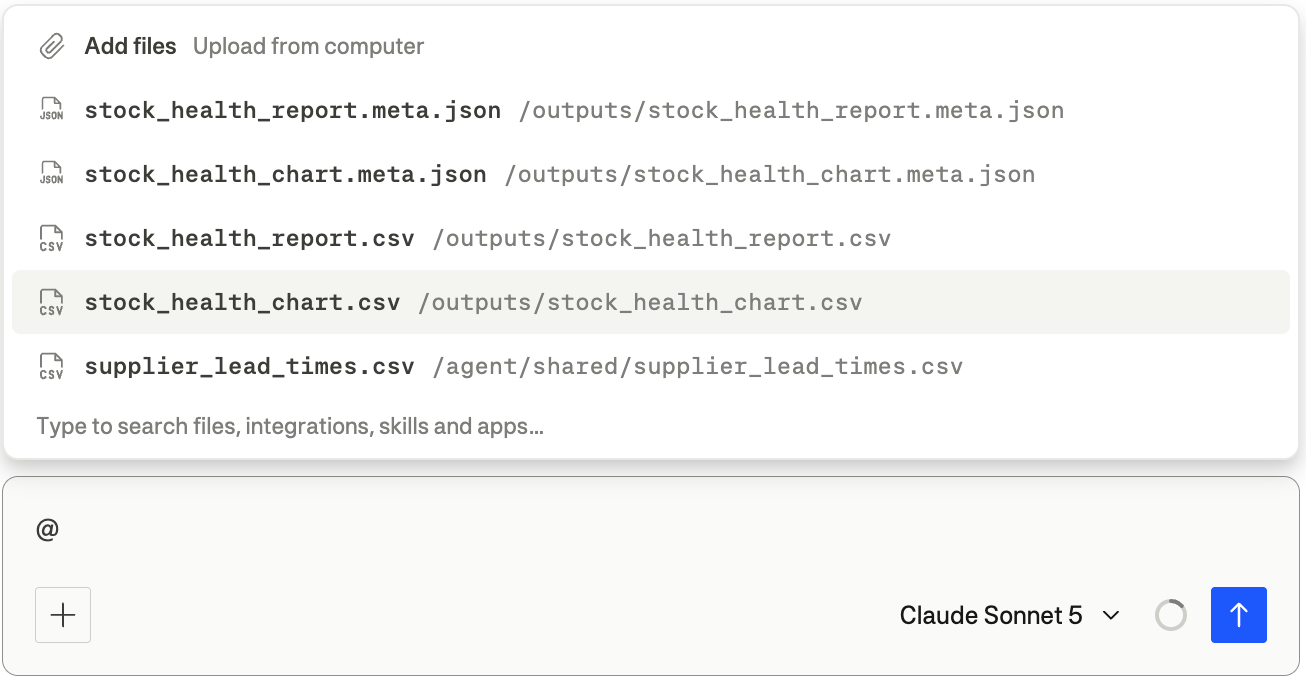 The @ menu open in the message box, listing recent workspace files with their paths and an Add files action