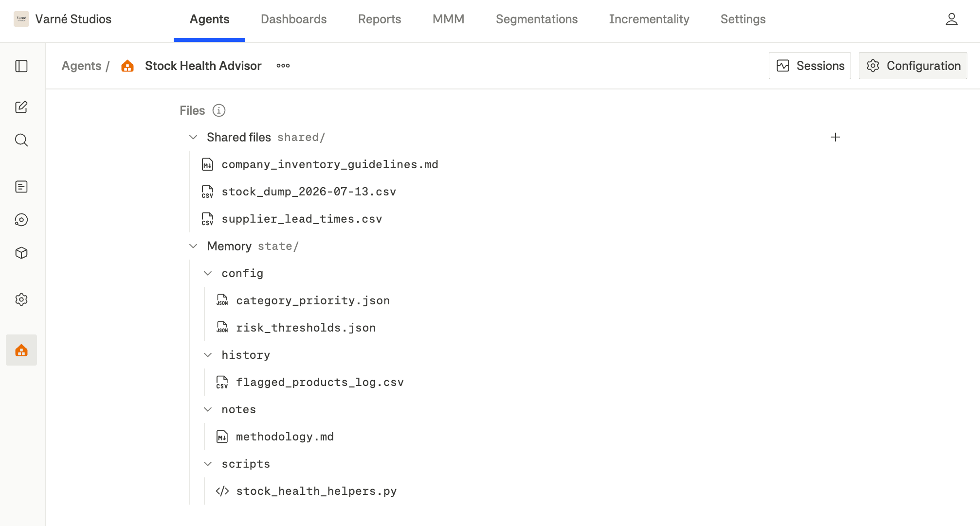 The Files section on the agent's configuration page, with shared files and memory folders expanded