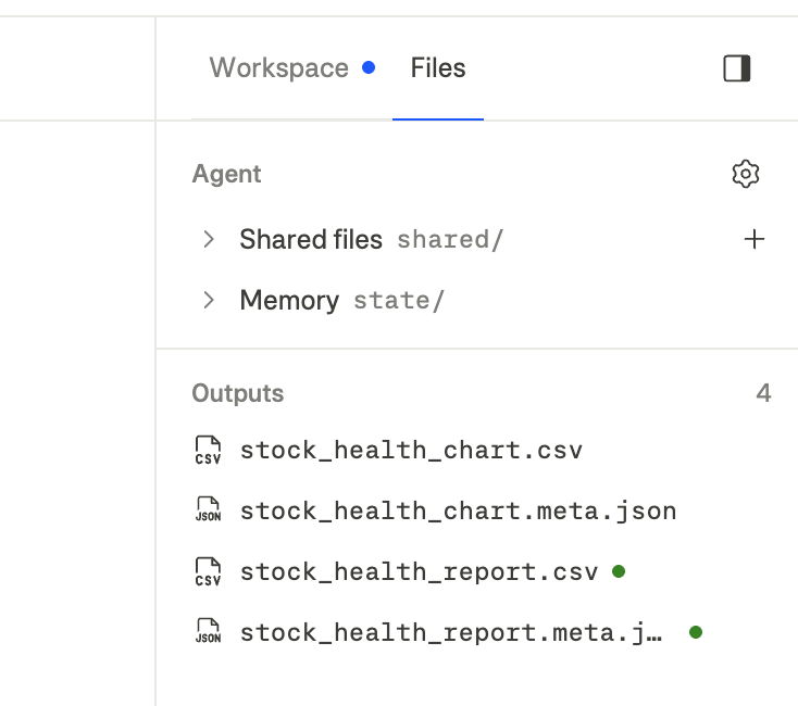 The workspace panel open on the Files tab, showing the agent's shared files and memory above the conversation's outputs