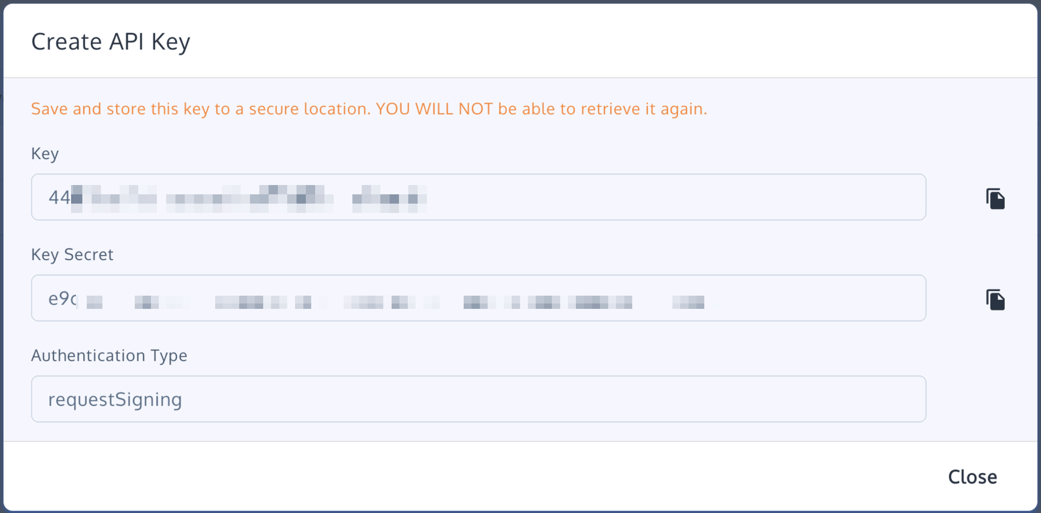 Convert API key showing Key and Key Secret