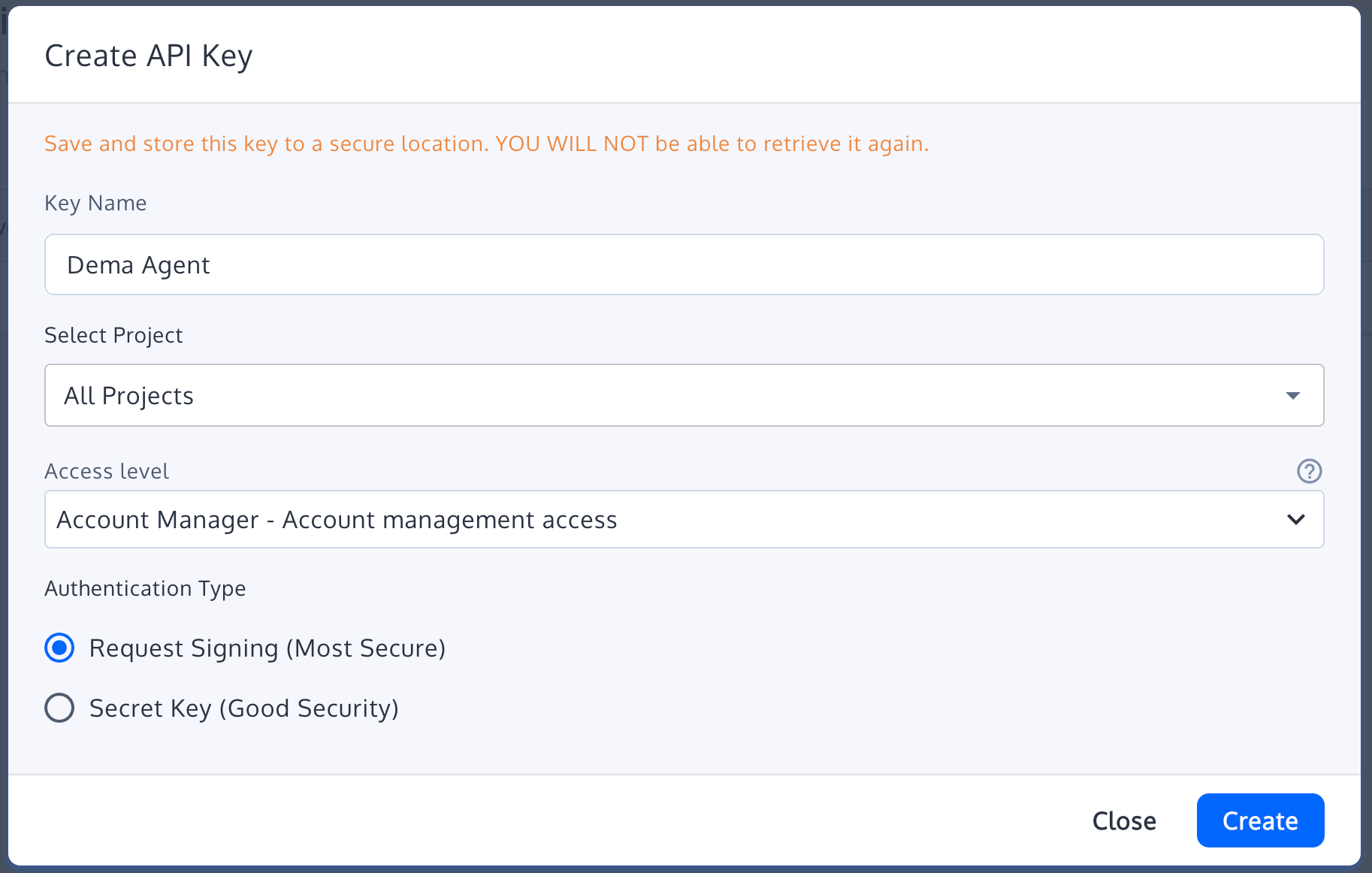 Convert Create API Key dialog with Request Signing selected