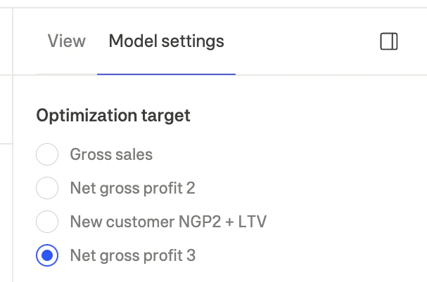 Model settings showing optimization target selection